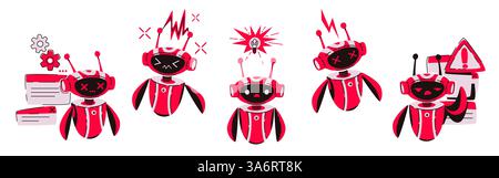 Cute red robot character set with issues. Chatbot AI assistant mascot with error, warning symbols - sparks, crosses, exclamation marks. problem solving, troubleshooting, broken service concepts. Stock Vector