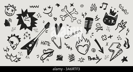 Black punk rock icons set isolated on white background. Vector realistic illustration of hand drawn guitar, heart on fire, arrow, smiling emoji, cat, skull, lightning bolt signs, grungy banner design Stock Vector