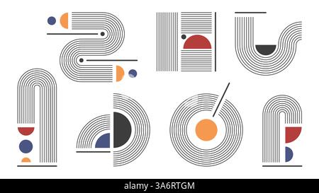 Abstract mid century modern geometric shapes - minimal black line art elements with arches, circles, curves. Retro graphic design kit, vintage architectural drawings. Simple vector illustrations set Stock Vector