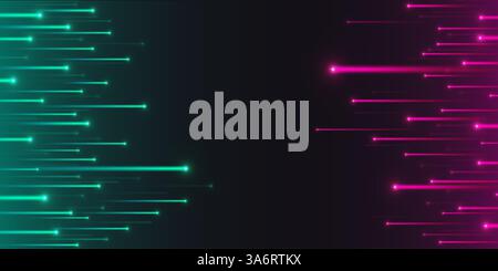 Pink and green tech rain vs illustration - neon luminous lines on opposite sides, glowing rose and emerald streaks, vivid magenta and lime laser lights, futuristic digital strings for versus design. Stock Vector