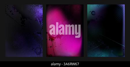 Punk grunge halftone backgrounds set with distressed texture. Abstract dark purple, vivid pink and green gradient compositions with dotted pattern overlay. Grainy digital wallpapers for posters design Stock Vector