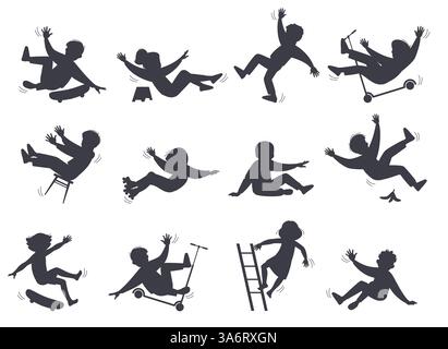 Set silhouettes of falling children. Boys and girls unbalanced, traumatic dangerous situation, injured kids, accident on road. Riding on skateboard Stock Vector