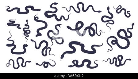 Set of snake silhouettes. Wild reptiles in different poses. Simple shape serpents. Tattoo design. Dangerous poison zoo animals. Jungle forest Stock Vector