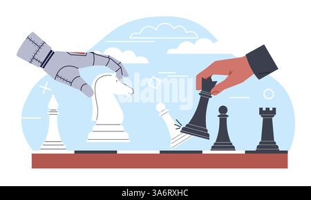 Robot playing chess with human. Competition with artificial intelligence. AI technologies. Robot and business and hands. Mechanical cyborg. Cartoon Stock Vector