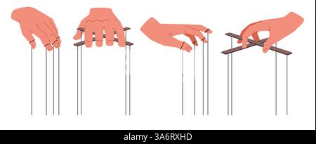 Set invisible puppeteers hands. Arms manipulating, different sides view, character hand with strings. Control marionettes. Domination symbol. Cartoon Stock Vector