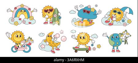 Retro weather characters. Funny groovy mascots with smiling faces, feet and hands, suns, cloud and rainbow, earth and moon, stickers collection Stock Vector