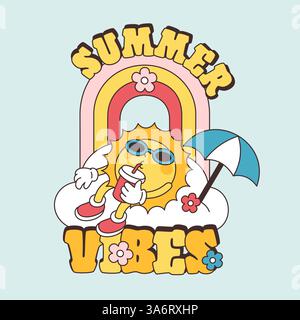 Retro happy sun character with drink. Cute groovy mascot, summer vibes, vintage comic and animation style, relax card, print or poster, cartoon flat Stock Vector