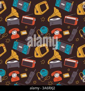 Retro gadgets. Vintage electronic devices, 90s technology, mobile phone, gamepad console, old vinyl record player, radio and television, wrapping Stock Vector