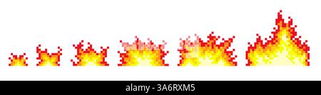 Pixel fire flame effect. Ignition stages animation, combustion sequences, 8 bit retro video game sprite, few steps, burning effect for arcade, icon Stock Vector
