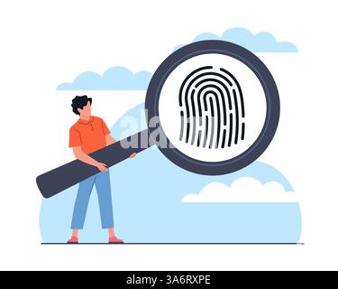 Man examines fingerprint through magnifying glass. Crime investigation. Unique biometric. Detective boy. Identification and authorization user Stock Vector