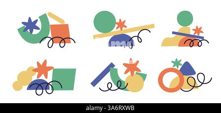 Geometric abstract shapes. Color pieces compositions, layering of elements, collage application objects, balance search, minimalistic background Stock Vector