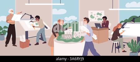 Architect office. Professionals work, workplaces with drawings, designs and layouts, buildings and houses designers, men and women cartoon flat style Stock Vector