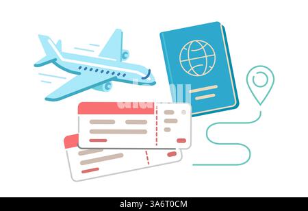 Airplane trip planning, flights abroad, vacations. Passport and tickets. Tourism and travel concept Stock Vector