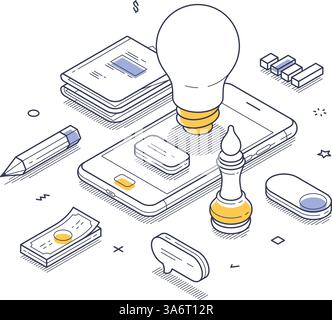 Creative business concept featuring essential elements like light bulbs, a phone, books, a pen, and game pieces. Modern isometric line art vector illu Stock Vector