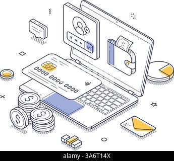Online transaction scene featuring a laptop displaying payment options and a digital wallet. Cashless transfer system in the online bank application. Stock Vector