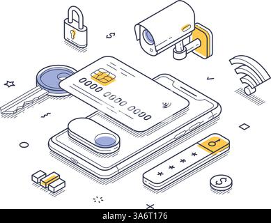 Credit card security concept, including a smartphone, security cameras, and padlocks. Importance of safeguarding financial transactions in a digital a Stock Vector