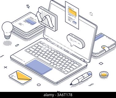 Stylish home office setup with a laptop, stationery, and work materials. Isometric line art captures the essence of productivity in a simple, modern d Stock Vector