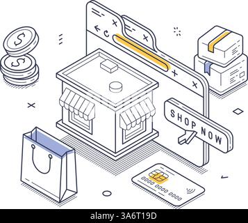 Online marketplace with a storefront, shopping bag, coins, and packages. It emphasizes the simplicity and accessibility of digital shopping, reflectin Stock Vector