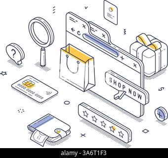 Online shopping experience. Shopping bag, payment card, and a computer screen equipped with a shop now button. Various icons enhance the shopping them Stock Vector