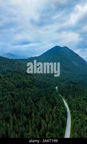 Aerial view with a road passing through pine woodland in Bavarian Alps, in Germany Stock Photo