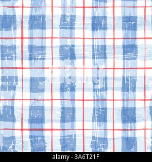 Abstract watercolor checkered blue and red seamless pattern. Vector ink plaid texture background. Fashion textile print, wrapping gift paper design Stock Vector
