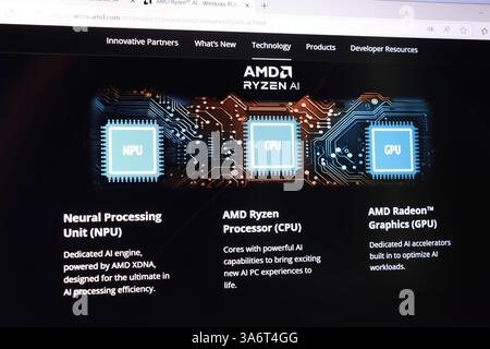 Amd ryzen ai features: npu, cpu, and gpu overview on advanced technology page. Stock Photo