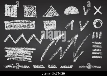 Charcoal pencil hand drawing geometrical shapes, arrows, lines, zig zag. White elements on black chalkboard. Grunge chalk crayon scribbles doodles Stock Vector