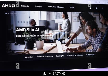 Diverse team collaborating on ai solutions in modern office. Stock Photo