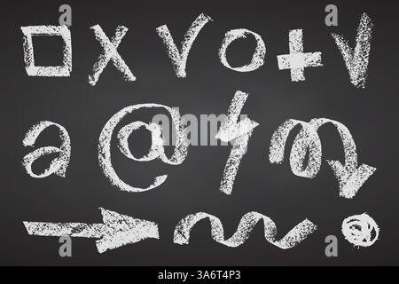 Charcoal pencil hand drawing check box with marks v, x, plus shapes. White elements on black chalkboard. Grunge chalk crayon scribbles doodles Stock Vector