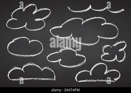 Set of crayon drawn clouds in kids style. Childish doodle naive icons isolated on black chalkboard.. Cute line chalk drawn sketch symbols of sky Stock Vector