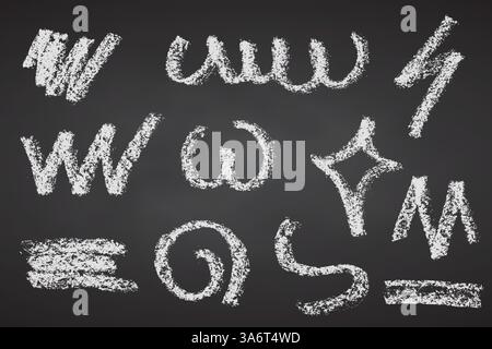 Charcoal bold strokes collection. Rough pencil scribbles lines Hand drawn circles and spiral shapes on black chalkboard. Scribble white strokes crayon Stock Vector