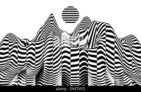 Landscape background. Black and white pattern. Optical illusion dynamic pattern with displacement from multiple sliced lines. Abstract striped backdro Stock Vector