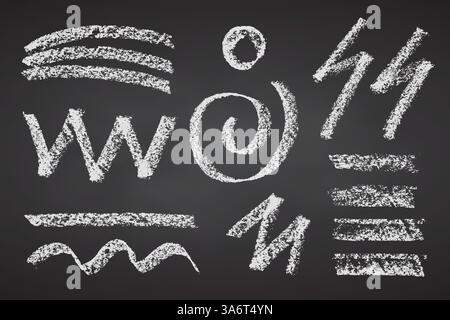 Charcoal bold strokes collection. Rough pencil scribbles lines Hand drawn circles and spiral shapes on black chalkboard. Scribble white strokes crayon Stock Vector