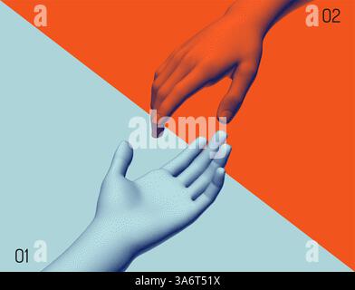 Hands reaching towards each other. Concept of human relation, togetherness or  partnership. 3D vector illustration. Can be used for advertising, marke Stock Vector