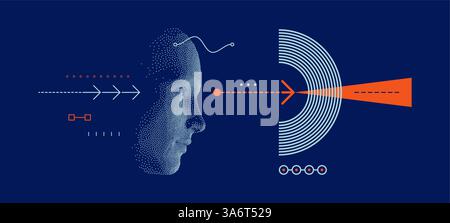 Discovery, studying and learning concept. Time to think. Man scientist thinking. Art composition in memphis style. Cover design template for layout of Stock Vector