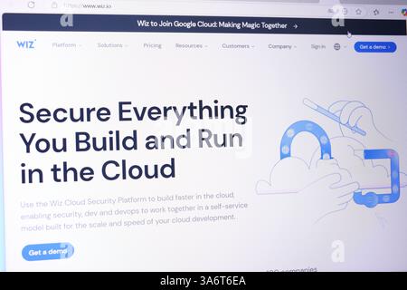 Website display showing cloud security platform with blue and white design. Stock Photo