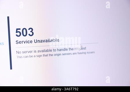 503 error: service unavailable message on screen indicating server issues. Stock Photo