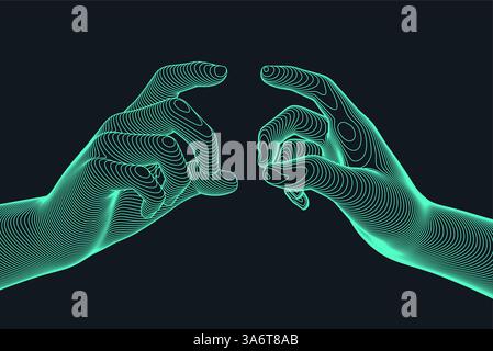 Two hands try to reach each other's fingers. Concept of human relation, togetherness or partnership. 3D vector illustration. Can be used for advertisi Stock Vector