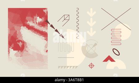 Discovery, studying and learning concept. Time to think. Man scientist thinking. Art composition in memphis style. Cover design template for layout of Stock Vector
