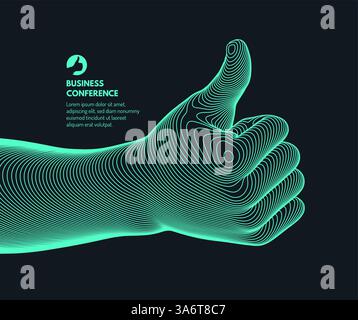 Business event invitation template. Thumbs up symbol. Hand show like or good. Approved. Sign success and nice. 3D vector for online courses, master cl Stock Vector