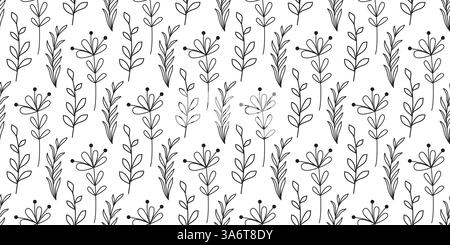 Drawing rustic floral seamless pattern. Cute wild flowers and herbs template. Black outline of flowers on white background, print for textile, package Stock Vector