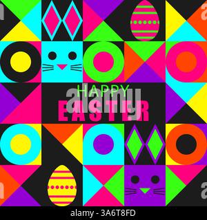 Colorful composition featuring bright shapes, stylized bunny faces, and Easter eggs on a black background. Perfect for holiday greetings, posters, and Stock Vector