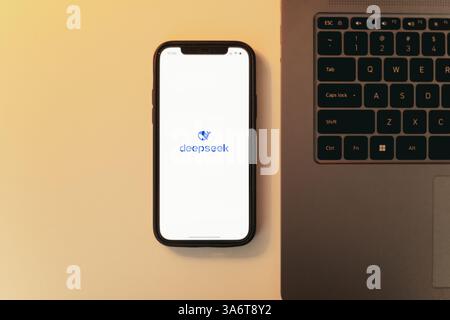 Minsk, Belarus 03 Feb 2025:Deepseek Ai logo is displayed on smartphone Stock Photo