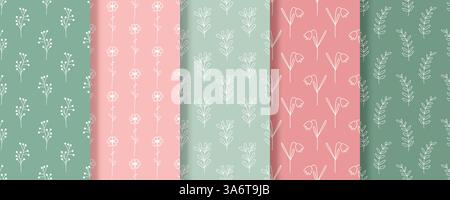 Drawing rustic floral print set. Template of white wildflowers and herbs on pink and green background. Floral seamless pattern bunch, print for textil Stock Vector
