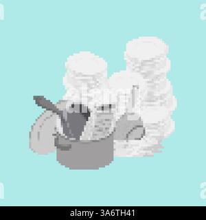 Dirty dishes. Mountain of dirty plates and pots. Stock Vector