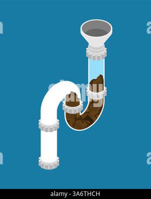Clog in siphon. Sink siphon is clogged with dirt. Bent plumbing pipe for draining from the sink Stock Vector
