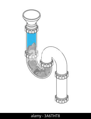 Clog in siphon. Sink siphon is clogged with dirt. Bent plumbing pipe for draining from the sink Stock Vector