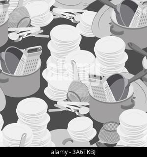 Dirty dishes pattern seamless. Mountain of dirty plates and pots background Stock Vector