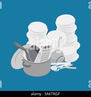 Dirty dishes. Mountain of dirty plates and pots. Stock Vector