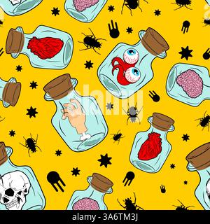 Alchemical pattern seamlesst. Witches' potions background. Pickled body parts. Horrible experiments texture. Stock Vector